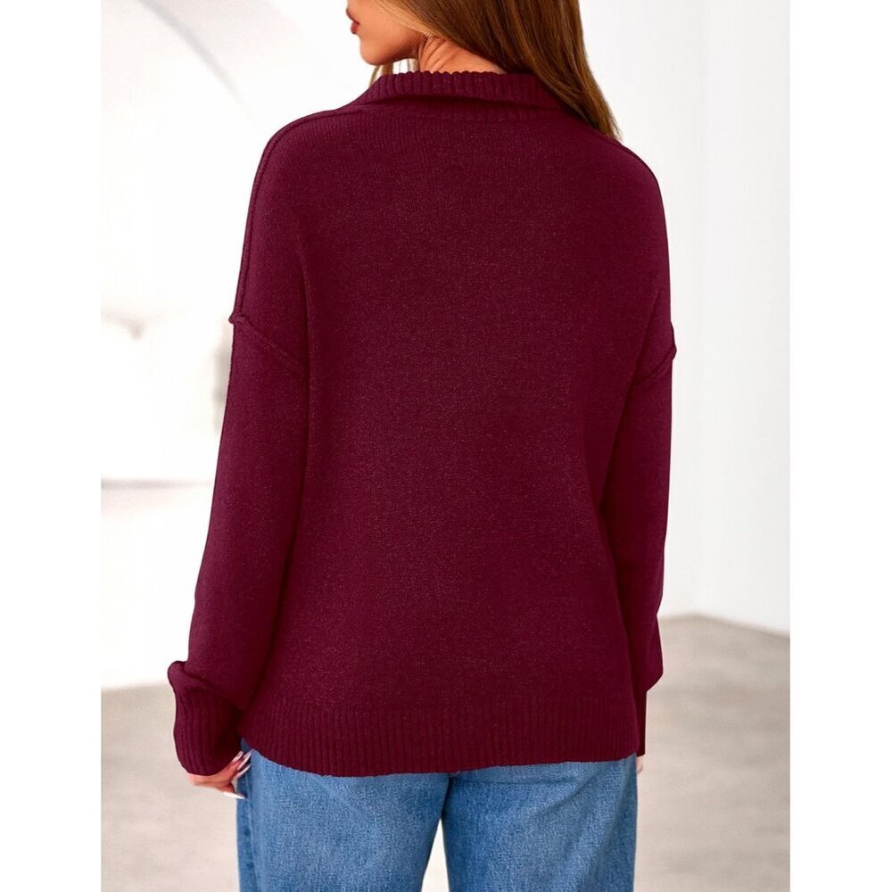 Women's V Neck Quarter Zip Sweater Fall Long Sleeve Collared Business Casual - Picture 4 of 8
